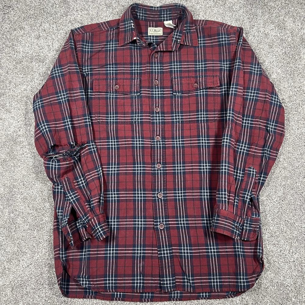 Vintage LL Bean Plaid Flannel Distressed Sleeve Hole Red Size Medium Tall Thrash